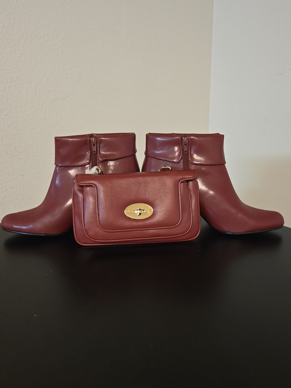 Burgundy Leather Ankle Boots and Matching Crossbody Bag